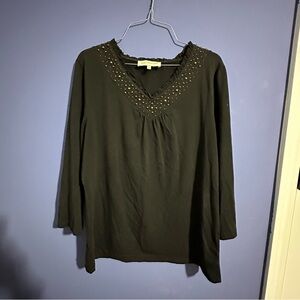 Jones New York Black Studded Blouse Ruffle Y2K Beaded Short Sleeve